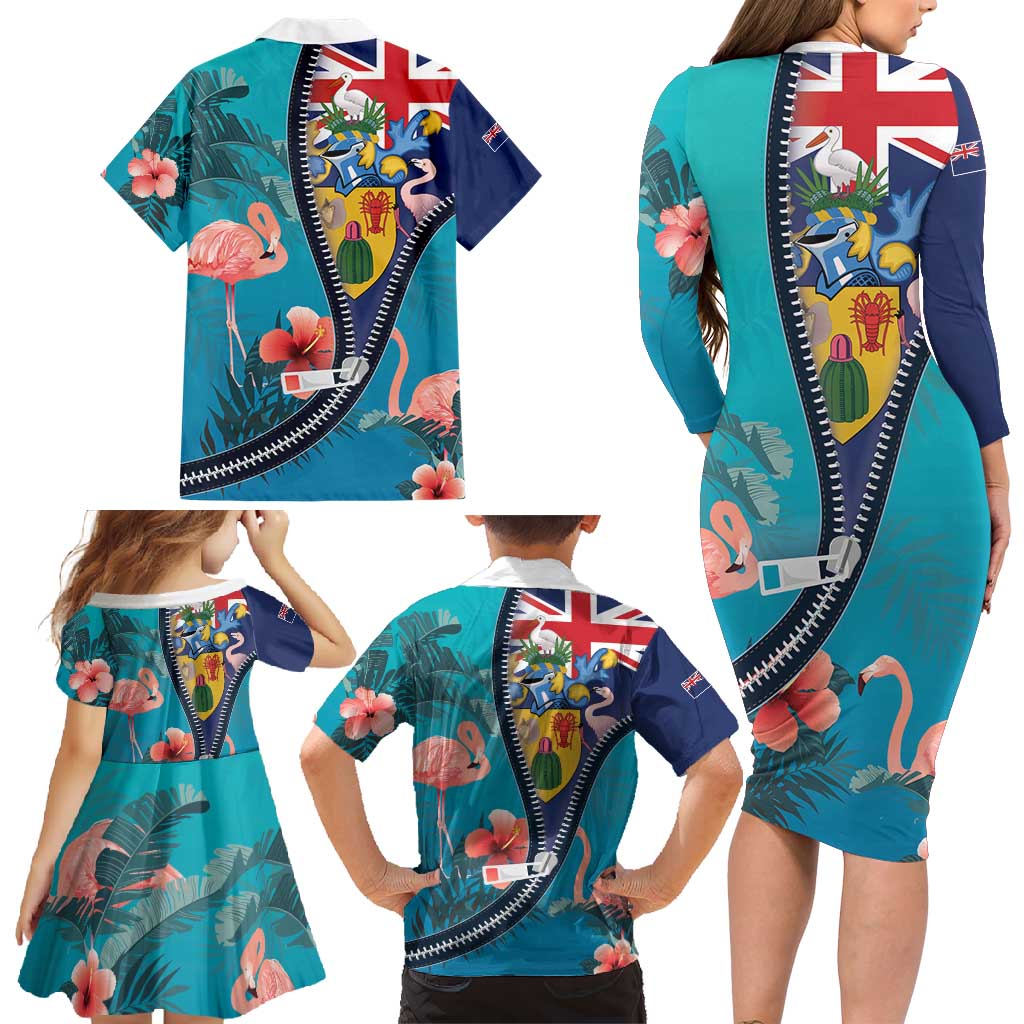 Turks and Caicos Islands Flamingo Family Matching Long Sleeve Bodycon Dress and Hawaiian Shirt Zipper Stylized