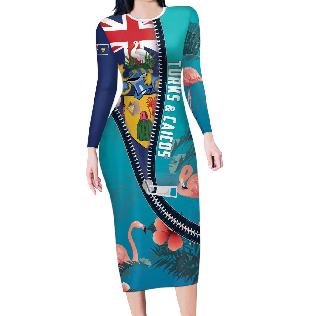 Turks and Caicos Islands Flamingo Family Matching Long Sleeve Bodycon Dress and Hawaiian Shirt Zipper Stylized