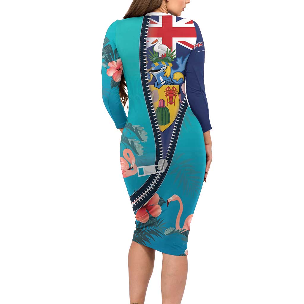 Turks and Caicos Islands Flamingo Family Matching Long Sleeve Bodycon Dress and Hawaiian Shirt Zipper Stylized
