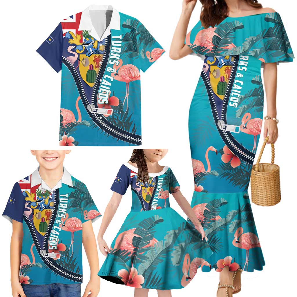 Turks and Caicos Islands Flamingo Family Matching Mermaid Dress and Hawaiian Shirt Zipper Stylized