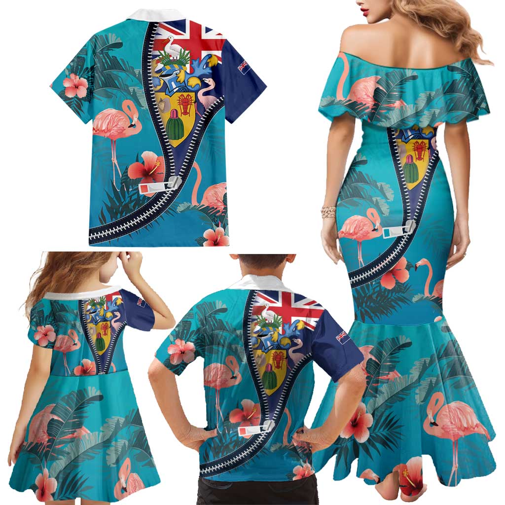 Turks and Caicos Islands Flamingo Family Matching Mermaid Dress and Hawaiian Shirt Zipper Stylized