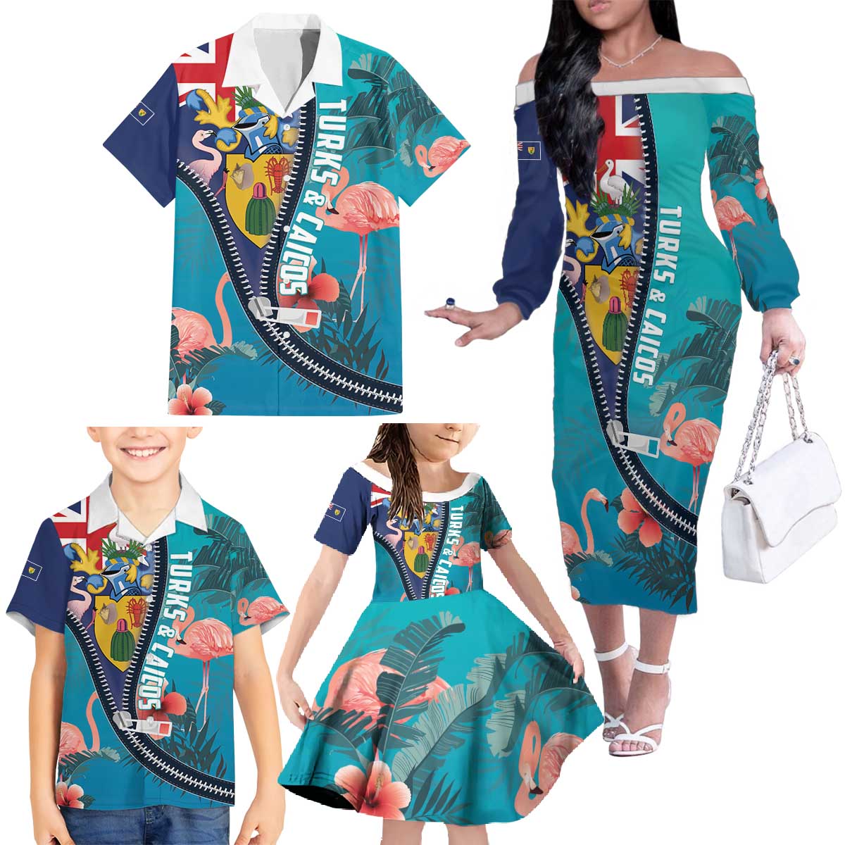 Turks and Caicos Islands Flamingo Family Matching Off The Shoulder Long Sleeve Dress and Hawaiian Shirt Zipper Stylized