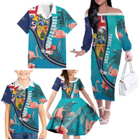 Turks and Caicos Islands Flamingo Family Matching Off The Shoulder Long Sleeve Dress and Hawaiian Shirt Zipper Stylized
