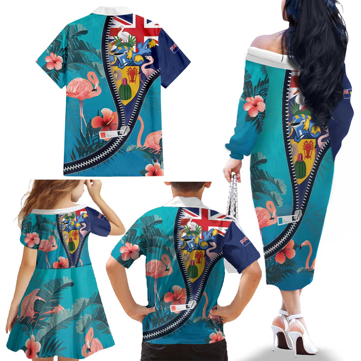 Turks and Caicos Islands Flamingo Family Matching Off The Shoulder Long Sleeve Dress and Hawaiian Shirt Zipper Stylized
