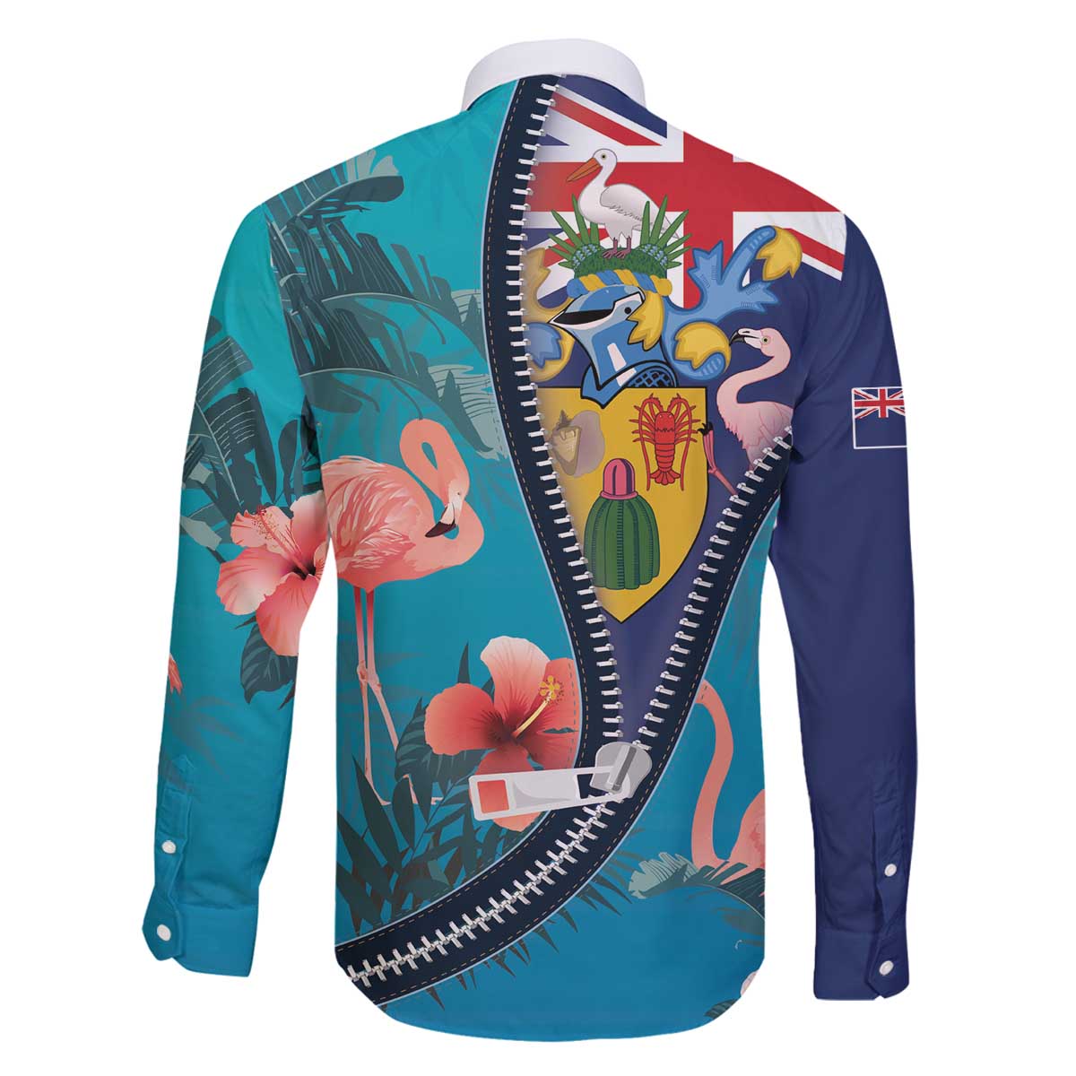 Turks and Caicos Islands Flamingo Family Matching Off The Shoulder Long Sleeve Dress and Hawaiian Shirt Zipper Stylized