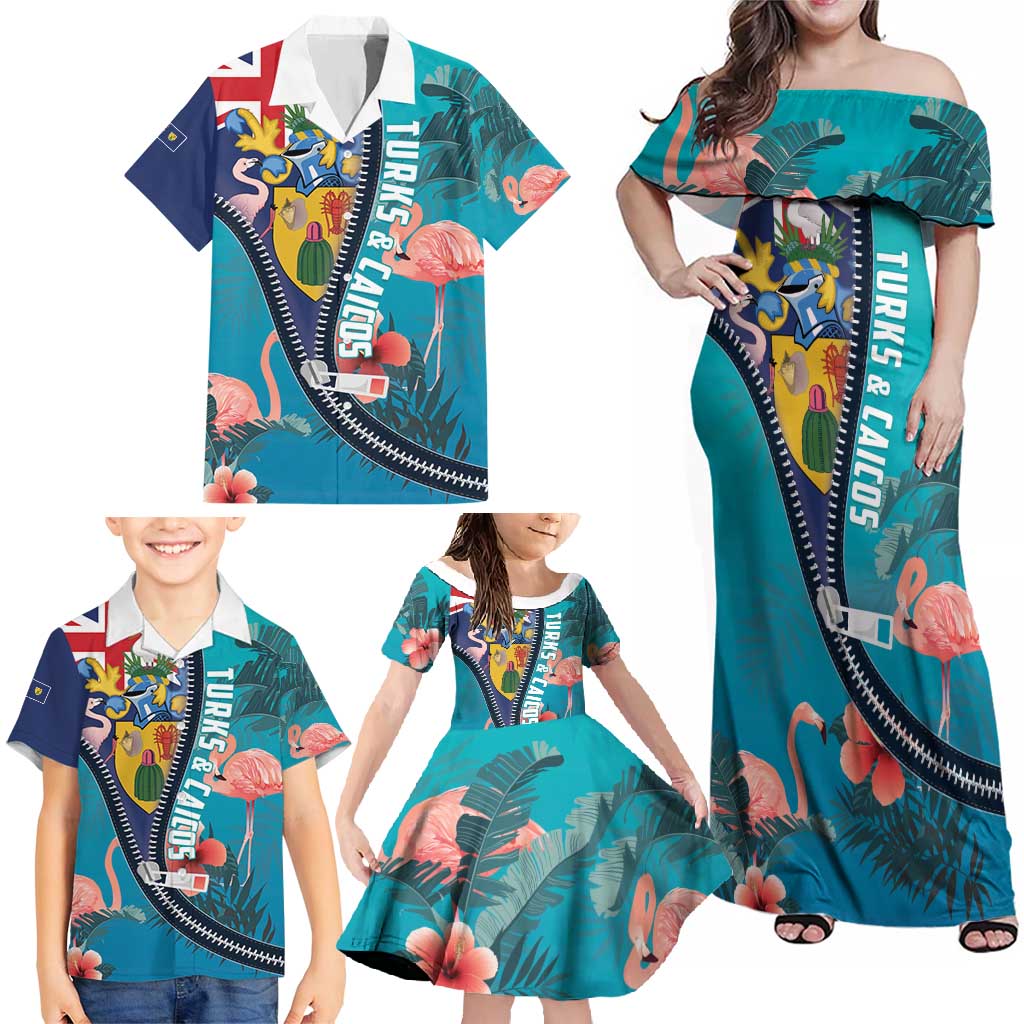 Turks and Caicos Islands Flamingo Family Matching Off Shoulder Maxi Dress and Hawaiian Shirt Zipper Stylized