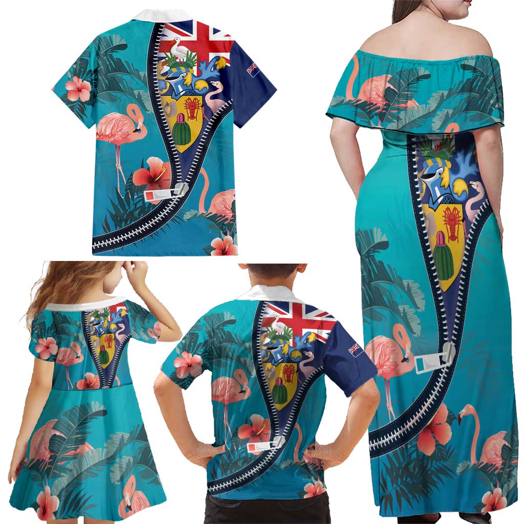 Turks and Caicos Islands Flamingo Family Matching Off Shoulder Maxi Dress and Hawaiian Shirt Zipper Stylized