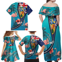 Turks and Caicos Islands Flamingo Family Matching Off Shoulder Maxi Dress and Hawaiian Shirt Zipper Stylized