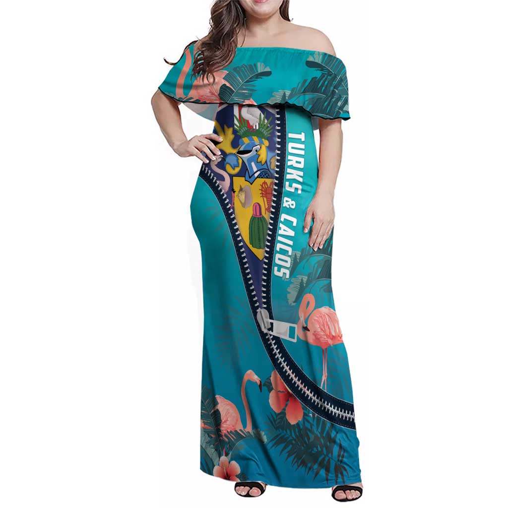 Turks and Caicos Islands Flamingo Family Matching Off Shoulder Maxi Dress and Hawaiian Shirt Zipper Stylized