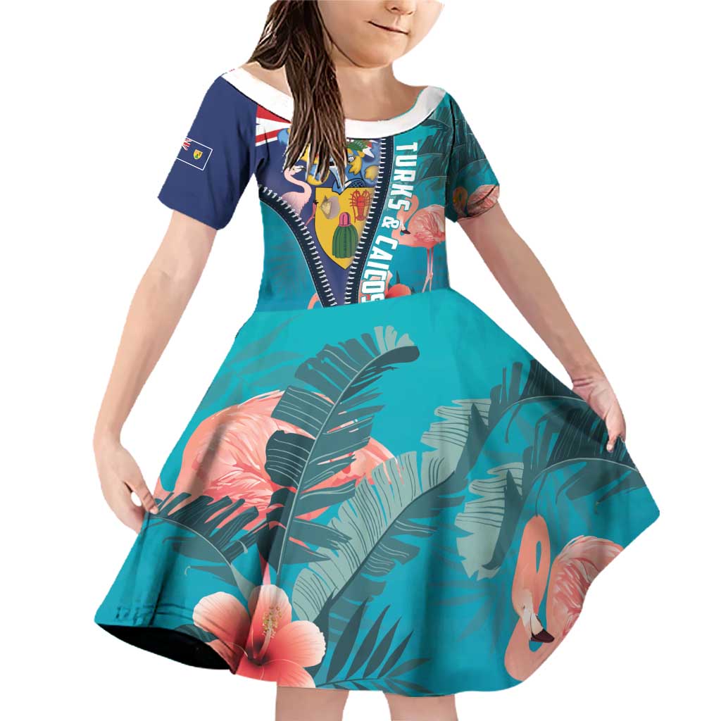Turks and Caicos Islands Flamingo Family Matching Off Shoulder Short Dress and Hawaiian Shirt Zipper Stylized
