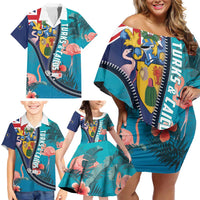 Turks and Caicos Islands Flamingo Family Matching Off Shoulder Short Dress and Hawaiian Shirt Zipper Stylized