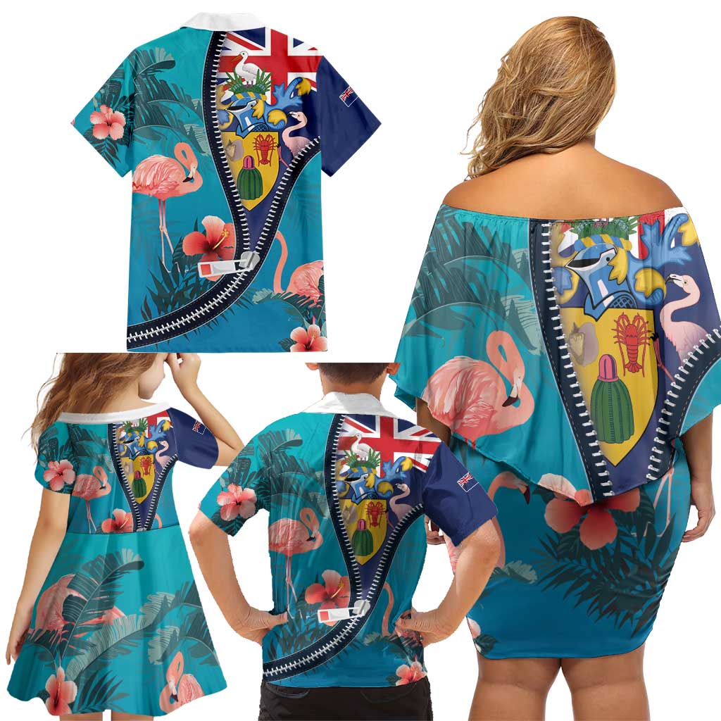 Turks and Caicos Islands Flamingo Family Matching Off Shoulder Short Dress and Hawaiian Shirt Zipper Stylized