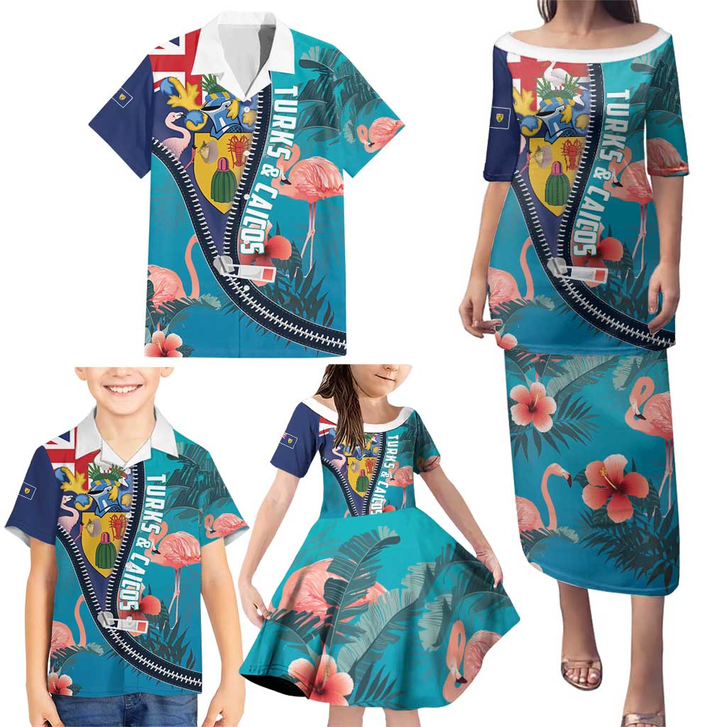 Turks and Caicos Islands Flamingo Family Matching Puletasi and Hawaiian Shirt Zipper Stylized