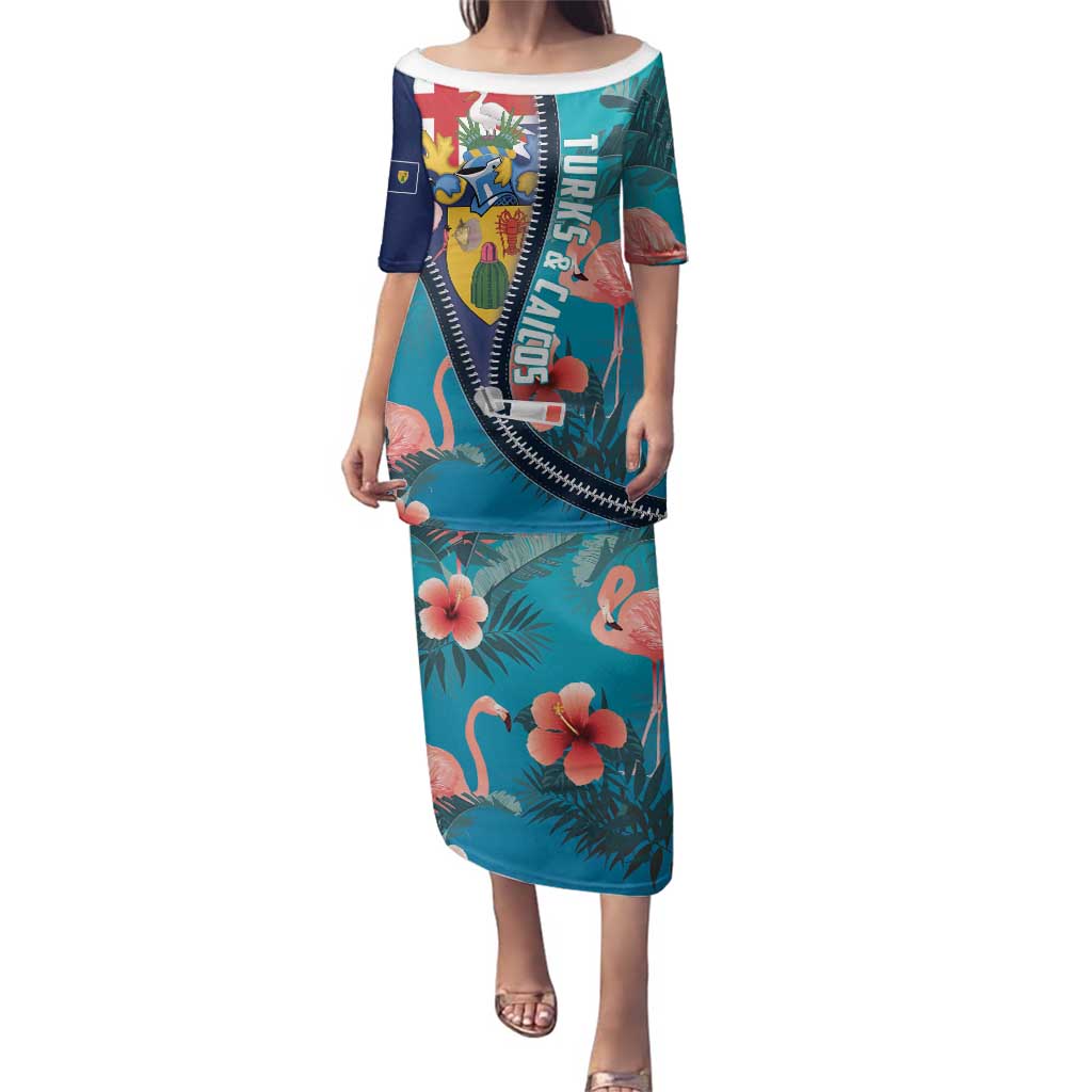 Turks and Caicos Islands Flamingo Family Matching Puletasi and Hawaiian Shirt Zipper Stylized