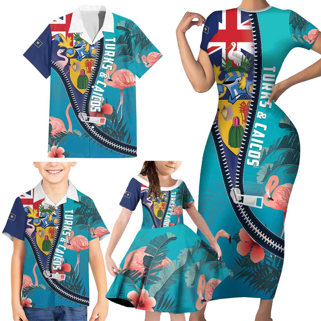 Turks and Caicos Islands Flamingo Family Matching Short Sleeve Bodycon Dress and Hawaiian Shirt Zipper Stylized