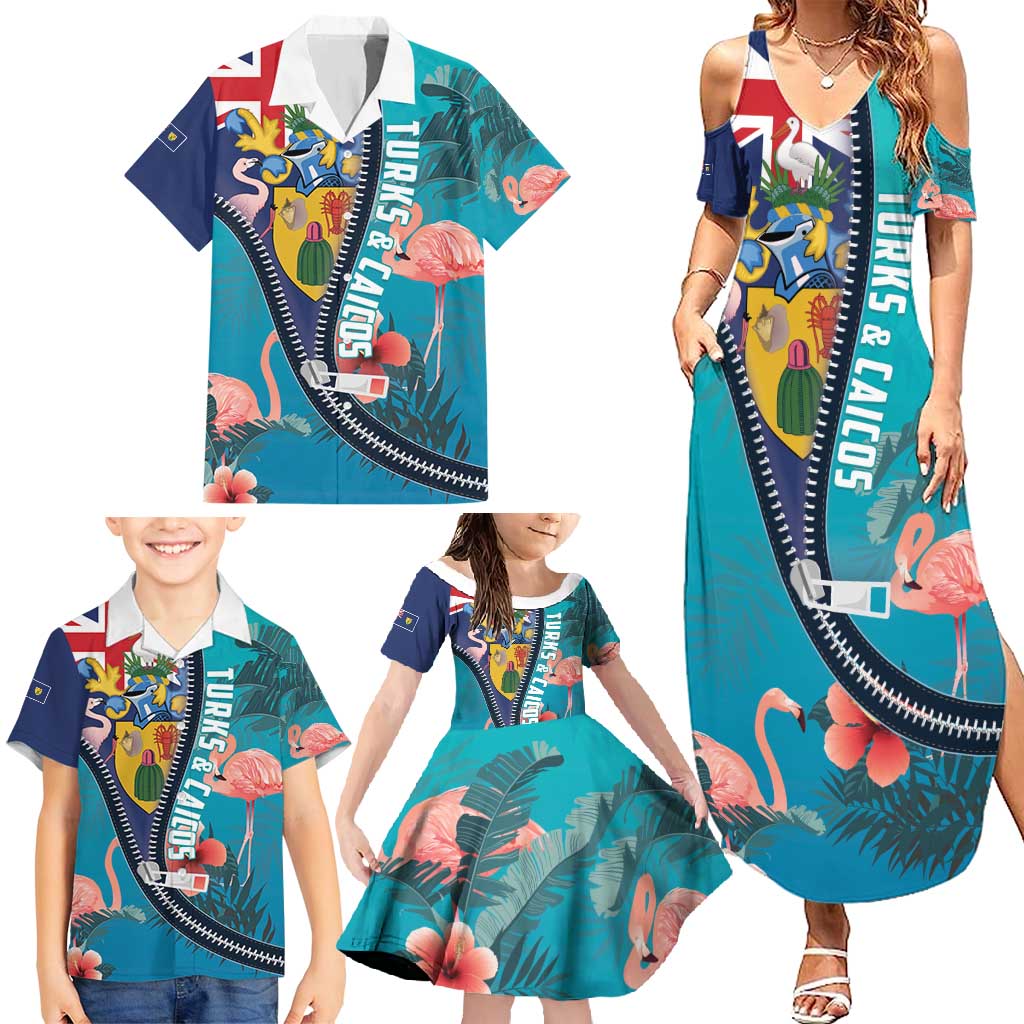 Turks and Caicos Islands Flamingo Family Matching Summer Maxi Dress and Hawaiian Shirt Zipper Stylized