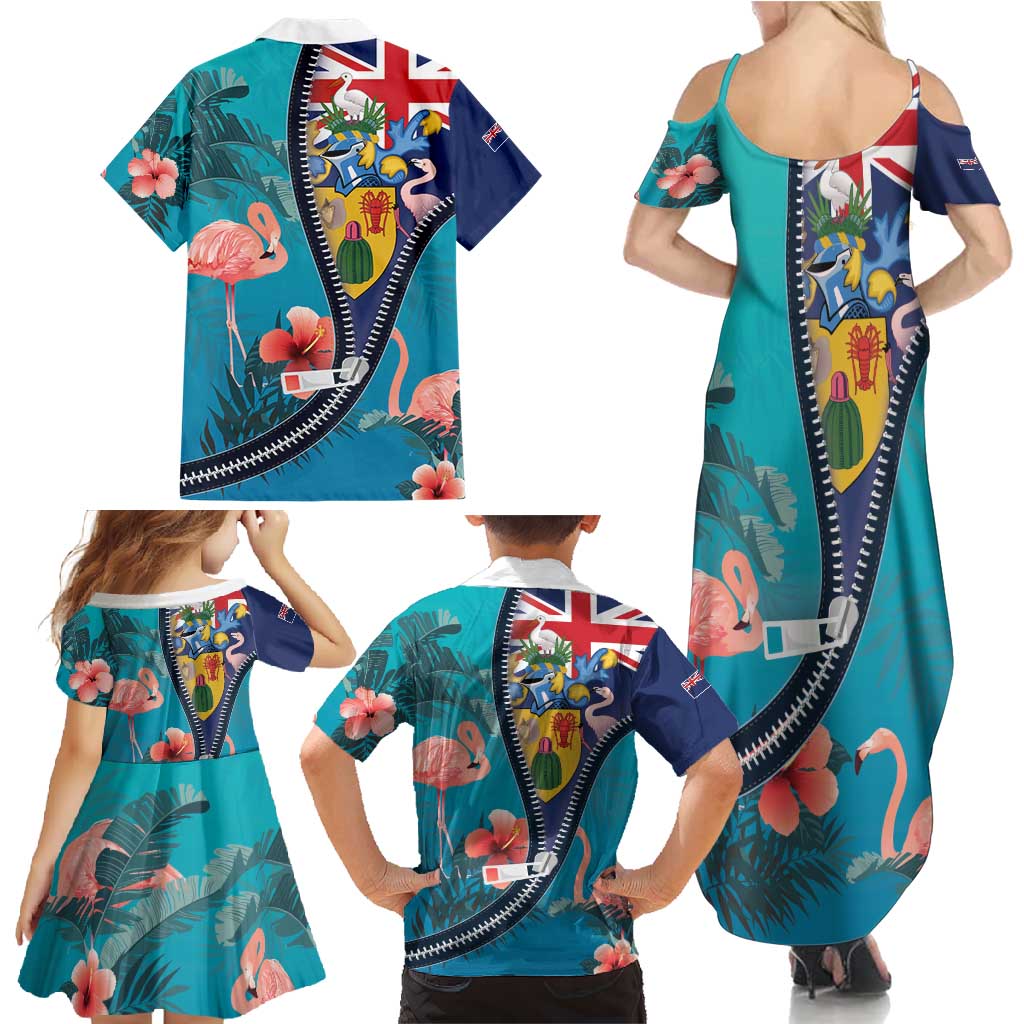 Turks and Caicos Islands Flamingo Family Matching Summer Maxi Dress and Hawaiian Shirt Zipper Stylized