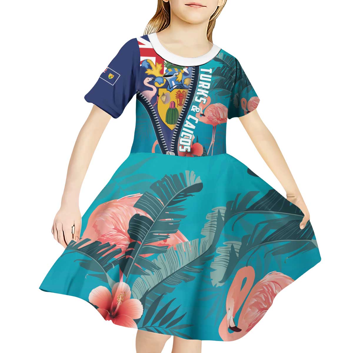 Turks and Caicos Islands Flamingo Kid Short Sleeve Dress Zipper Stylized