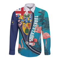 Turks and Caicos Islands Flamingo Long Sleeve Button Shirt Zipper Stylized