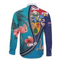 Turks and Caicos Islands Flamingo Long Sleeve Button Shirt Zipper Stylized