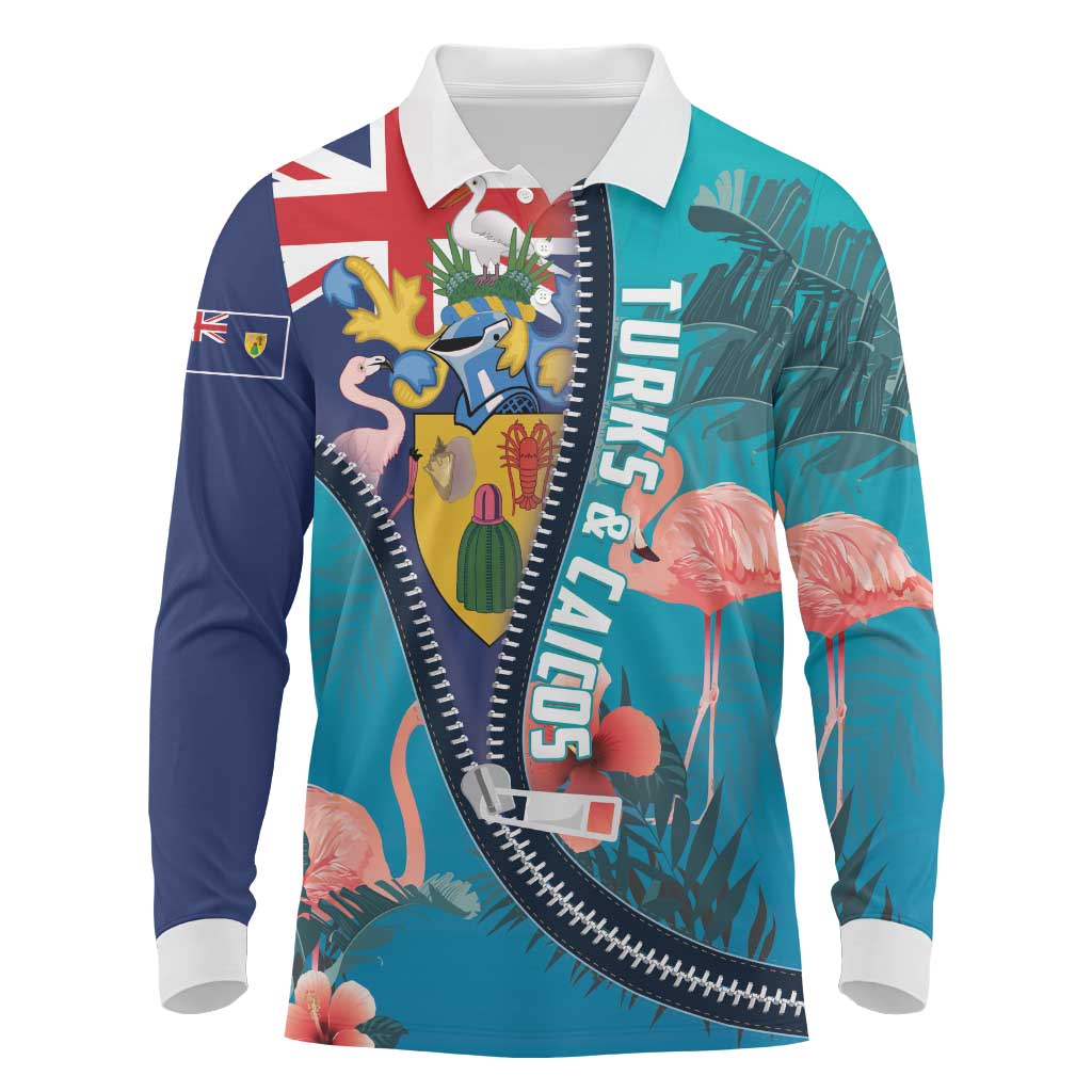 Turks and Caicos Islands Flamingo Long Sleeve Polo Shirt Zipper Stylized