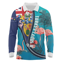 Turks and Caicos Islands Flamingo Long Sleeve Polo Shirt Zipper Stylized