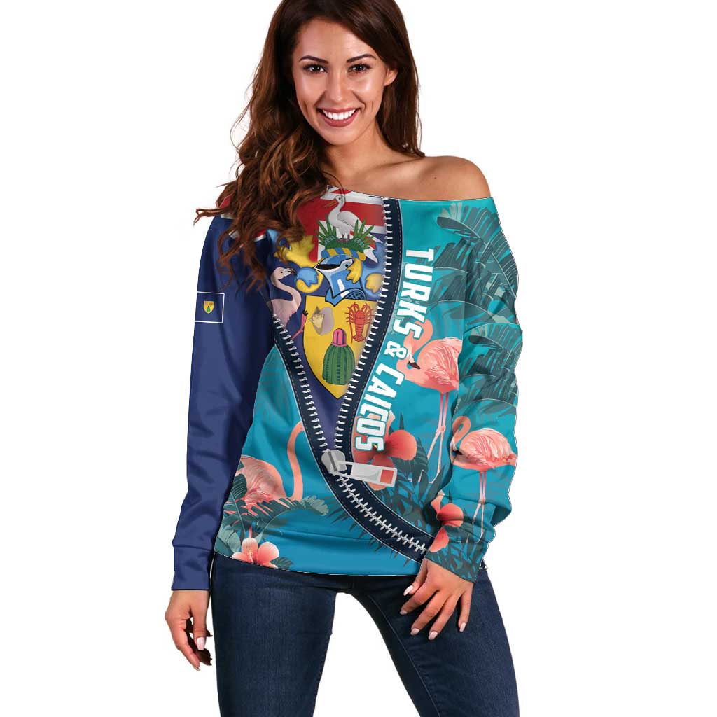 Turks and Caicos Islands Flamingo Off Shoulder Sweater Zipper Stylized