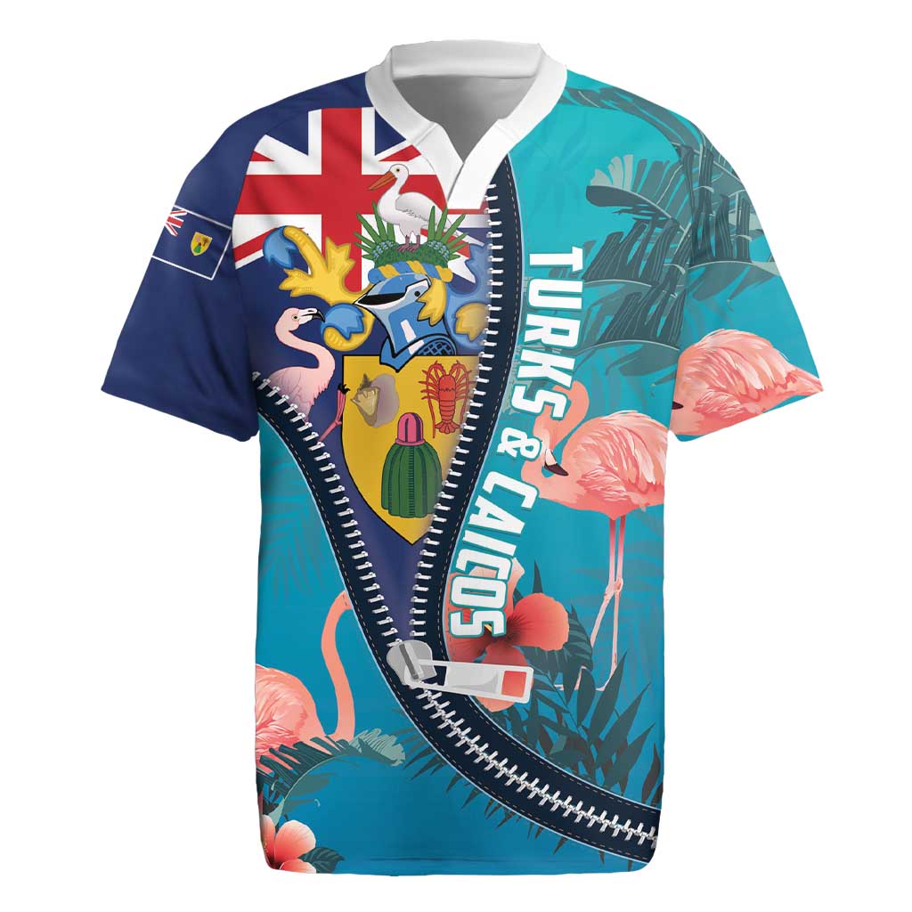 Turks and Caicos Islands Flamingo Rugby Jersey Zipper Stylized