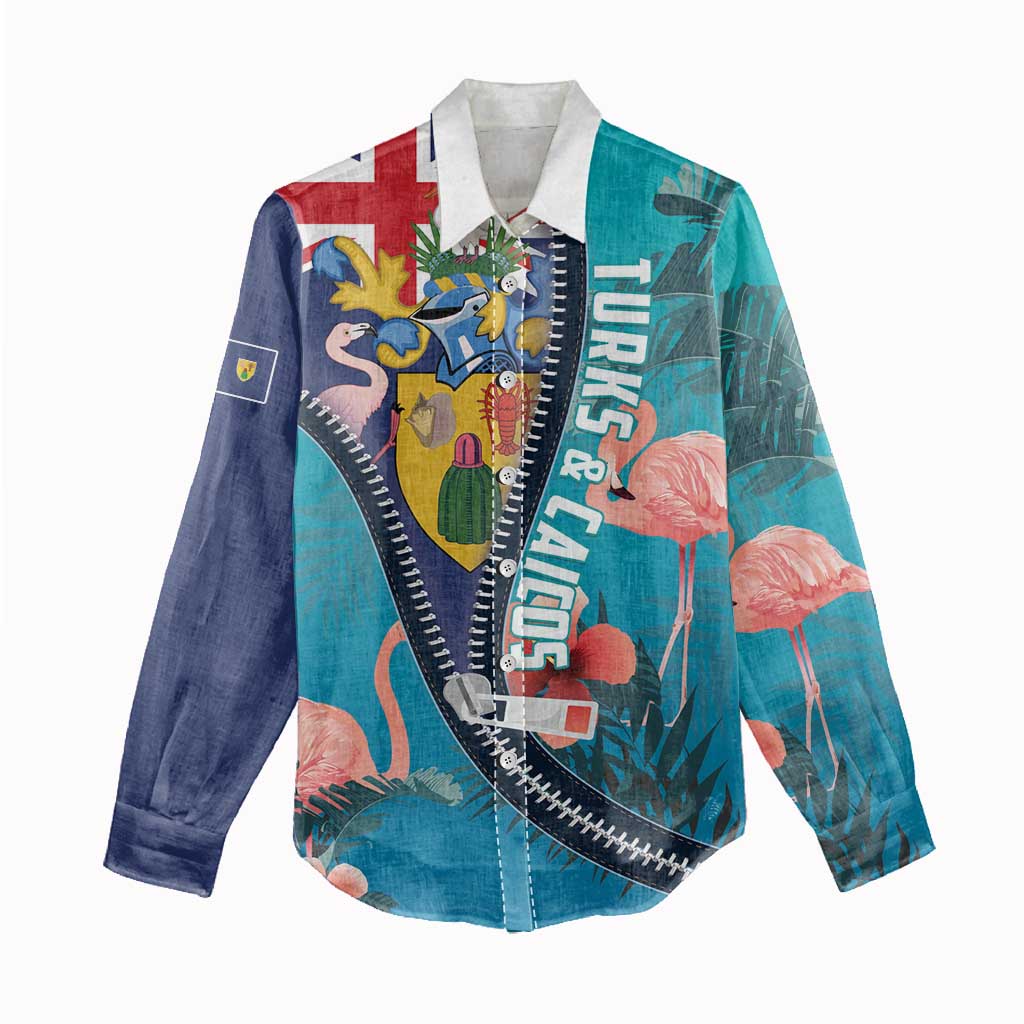 Turks and Caicos Islands Flamingo Women Casual Shirt Zipper Stylized