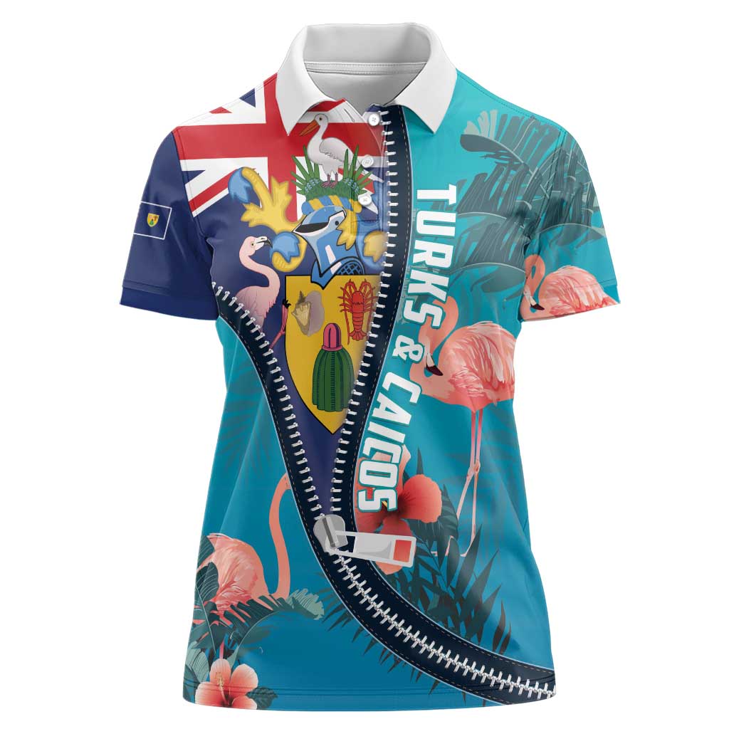 Turks and Caicos Islands Flamingo Women Polo Shirt Zipper Stylized
