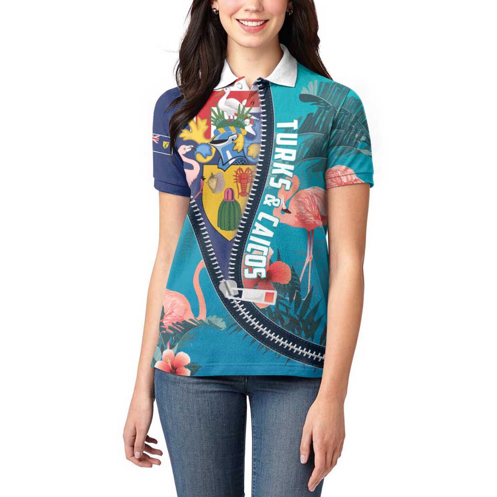 Turks and Caicos Islands Flamingo Women Polo Shirt Zipper Stylized
