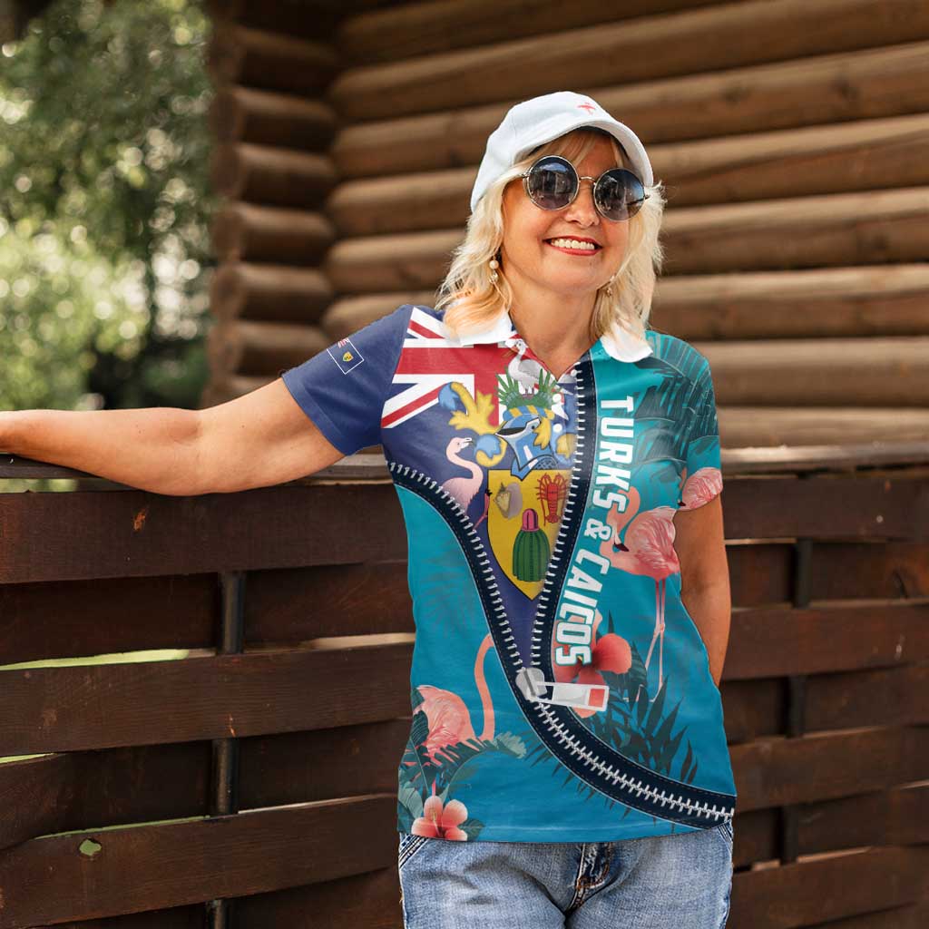 Turks and Caicos Islands Flamingo Women Polo Shirt Zipper Stylized