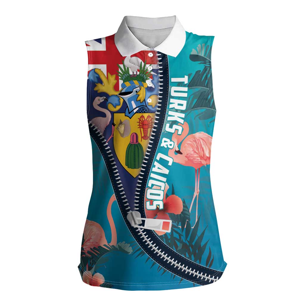 Turks and Caicos Islands Flamingo Women Sleeveless Polo Shirt Zipper Stylized