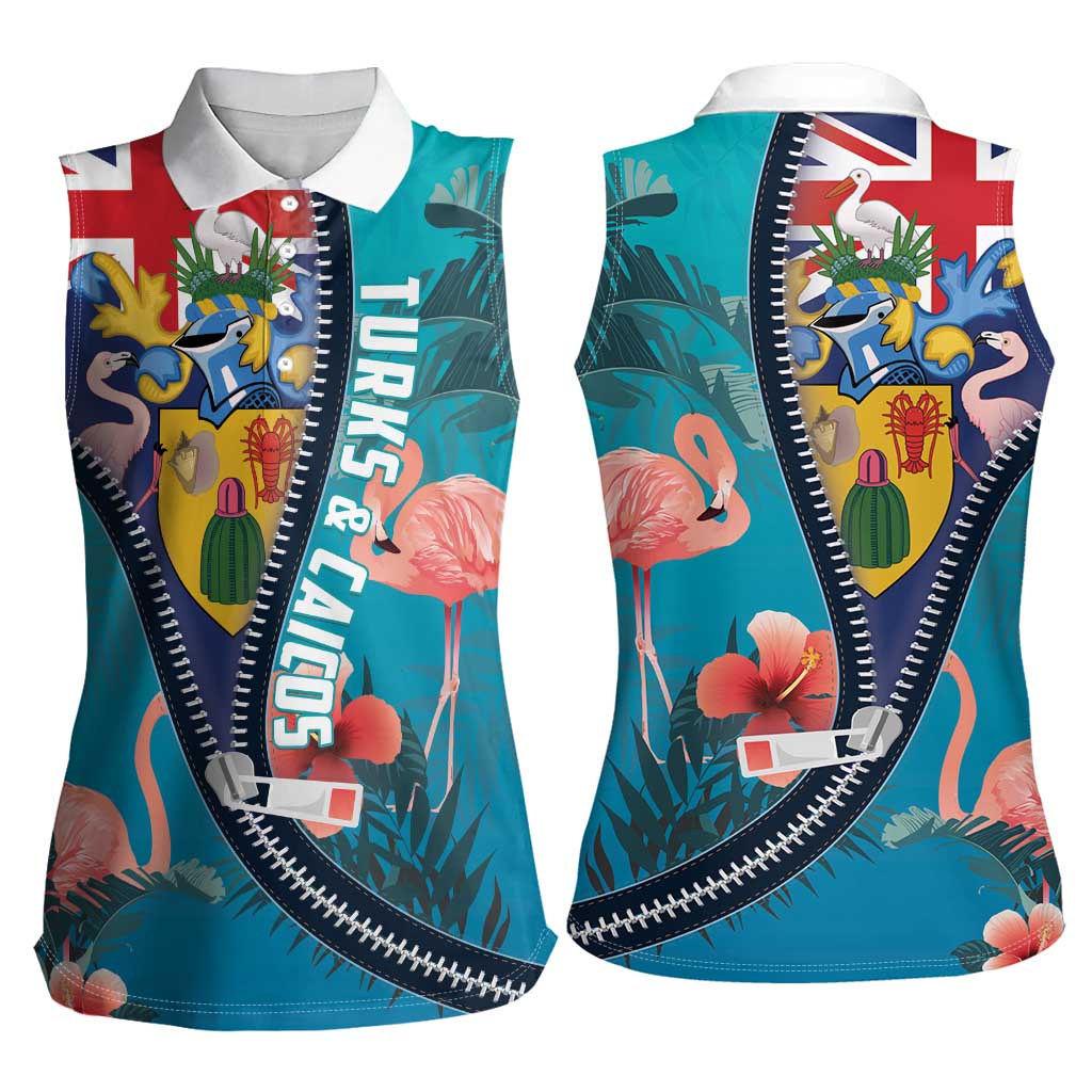 Turks and Caicos Islands Flamingo Women Sleeveless Polo Shirt Zipper Stylized
