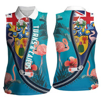 Turks and Caicos Islands Flamingo Women Sleeveless Polo Shirt Zipper Stylized