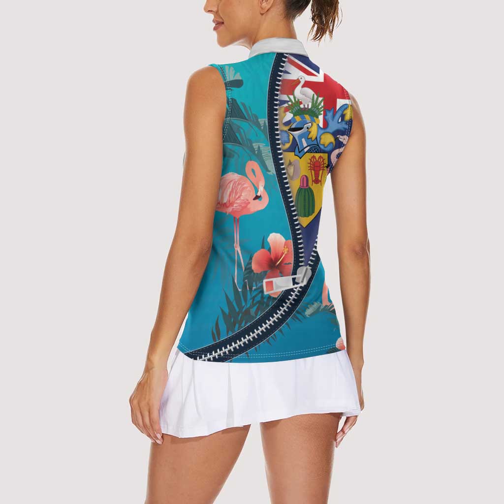 Turks and Caicos Islands Flamingo Women Sleeveless Polo Shirt Zipper Stylized