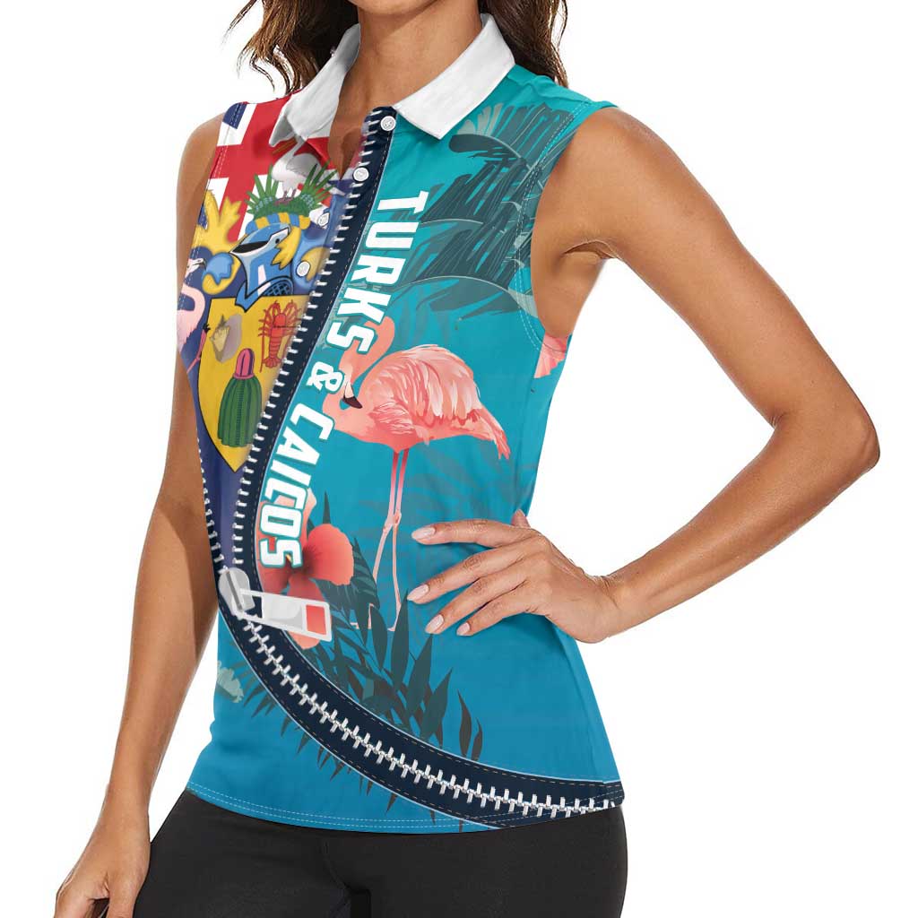 Turks and Caicos Islands Flamingo Women Sleeveless Polo Shirt Zipper Stylized