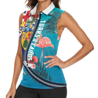 Turks and Caicos Islands Flamingo Women Sleeveless Polo Shirt Zipper Stylized
