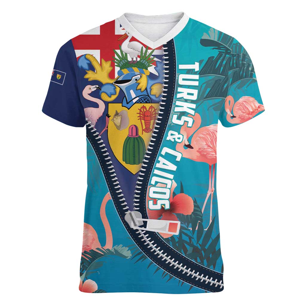 Turks and Caicos Islands Flamingo Women V-Neck T-Shirt Zipper Stylized