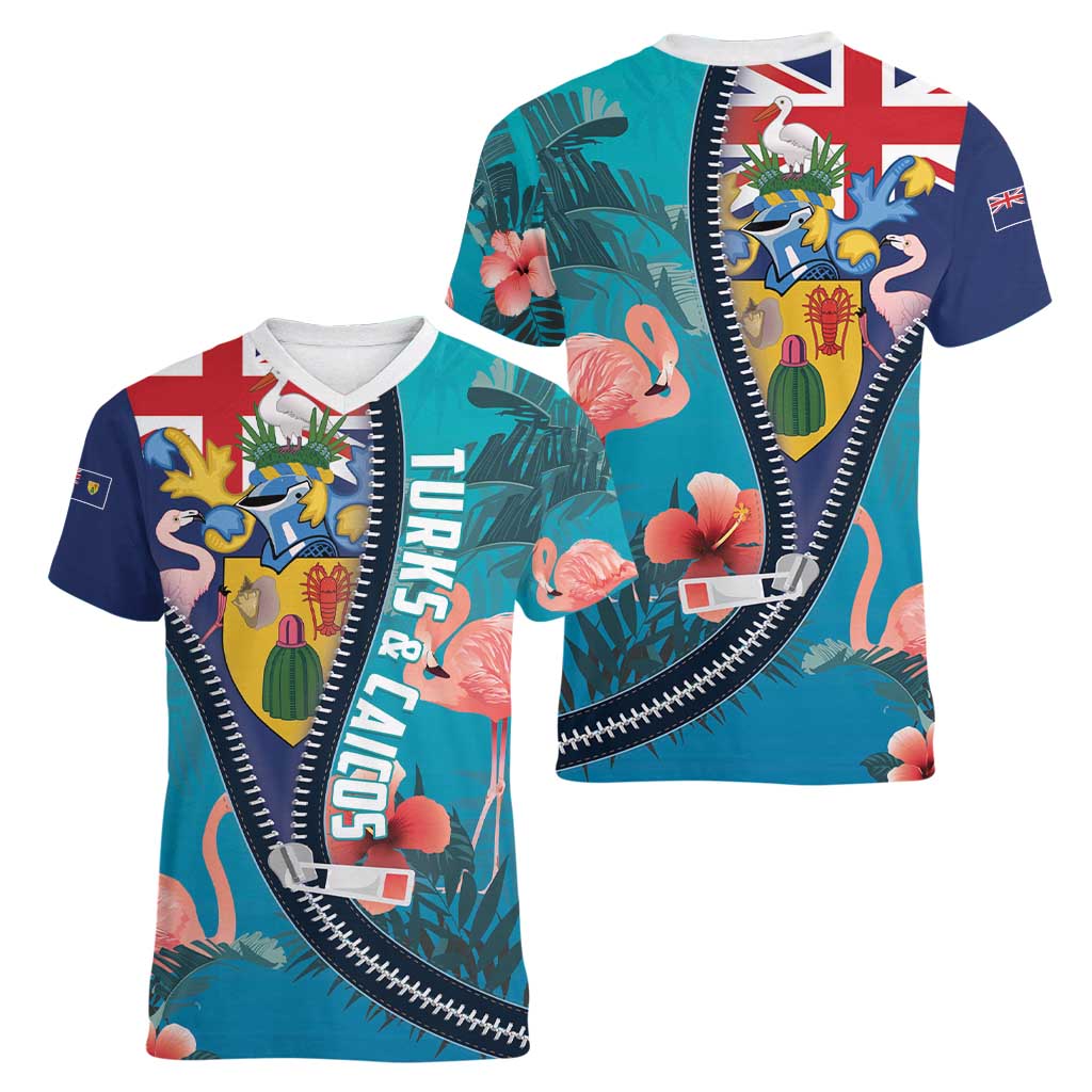 Turks and Caicos Islands Flamingo Women V-Neck T-Shirt Zipper Stylized