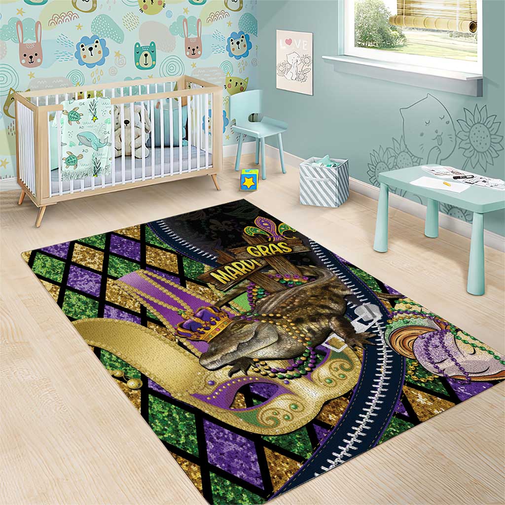 Mardi Gras Alligator Area Rug Colorful Zipper Stylized