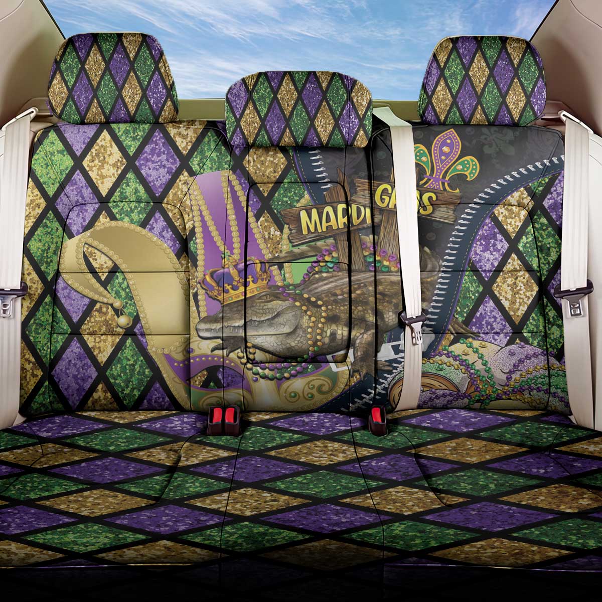 Mardi Gras Alligator Back Car Seat Cover Colorful Zipper Stylized