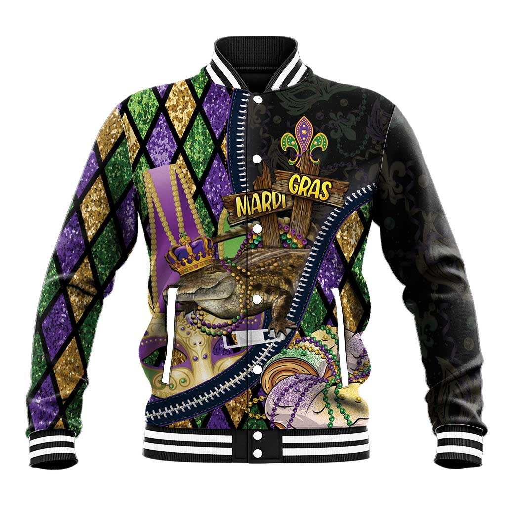 Personalized Mardi Gras Alligator Baseball Jacket Colorful Zipper Stylized
