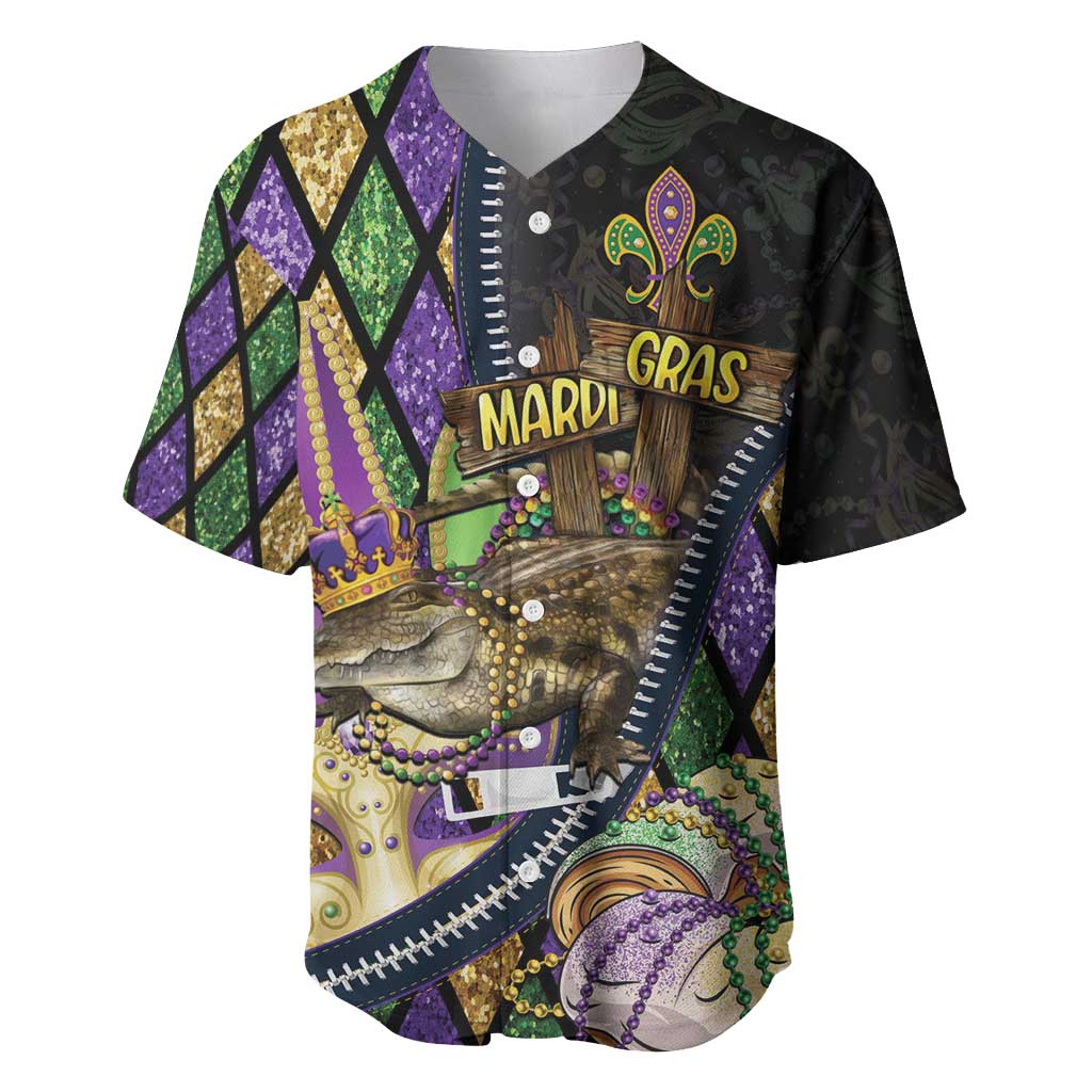 Personalized Mardi Gras Alligator Baseball Jersey Colorful Zipper Stylized