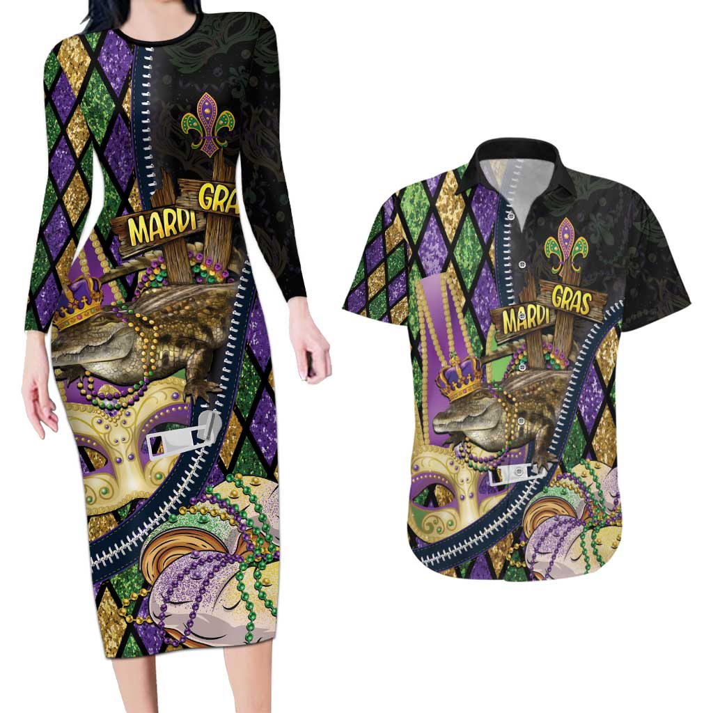 Personalized Mardi Gras Alligator Couples Matching Long Sleeve Bodycon Dress and Hawaiian Shirt Colorful Zipper Stylized