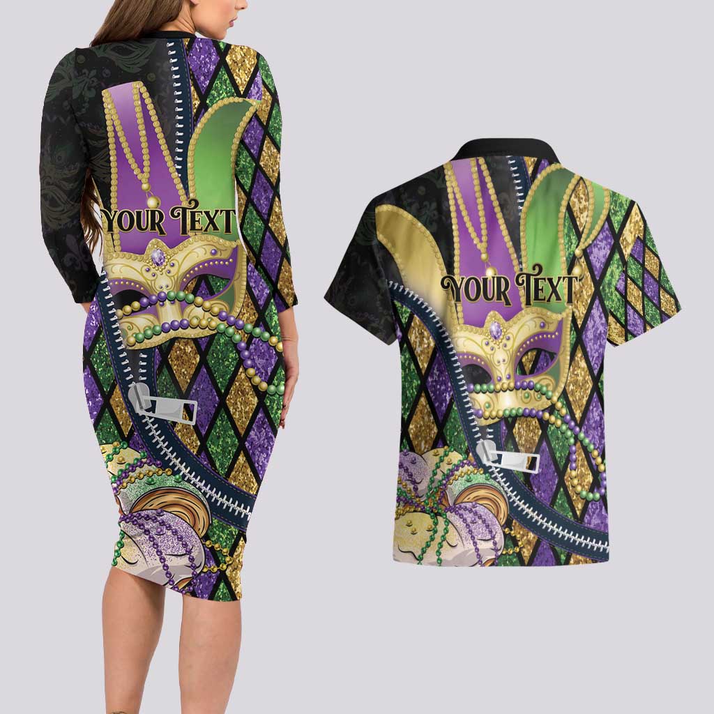 Personalized Mardi Gras Alligator Couples Matching Long Sleeve Bodycon Dress and Hawaiian Shirt Colorful Zipper Stylized