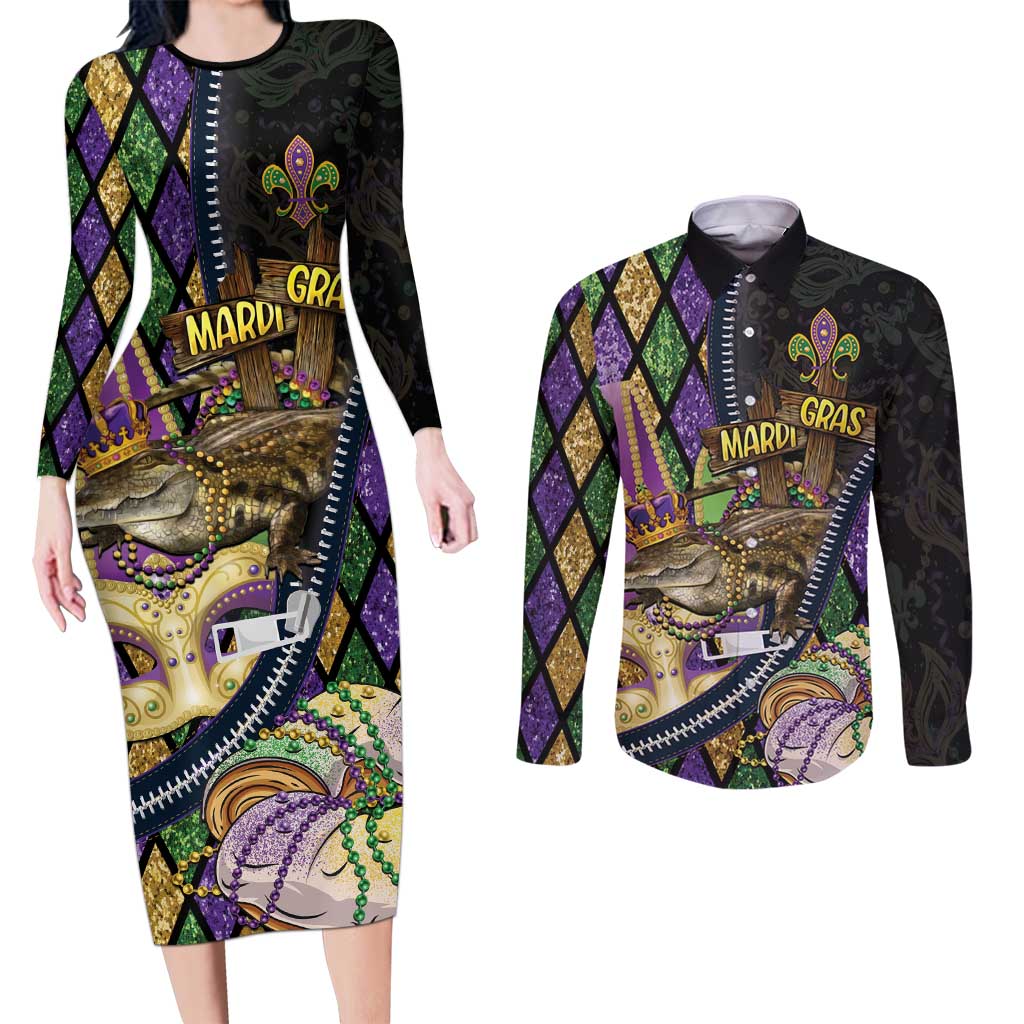 Personalized Mardi Gras Alligator Couples Matching Long Sleeve Bodycon Dress and Long Sleeve Button Shirt Colorful Zipper Stylized