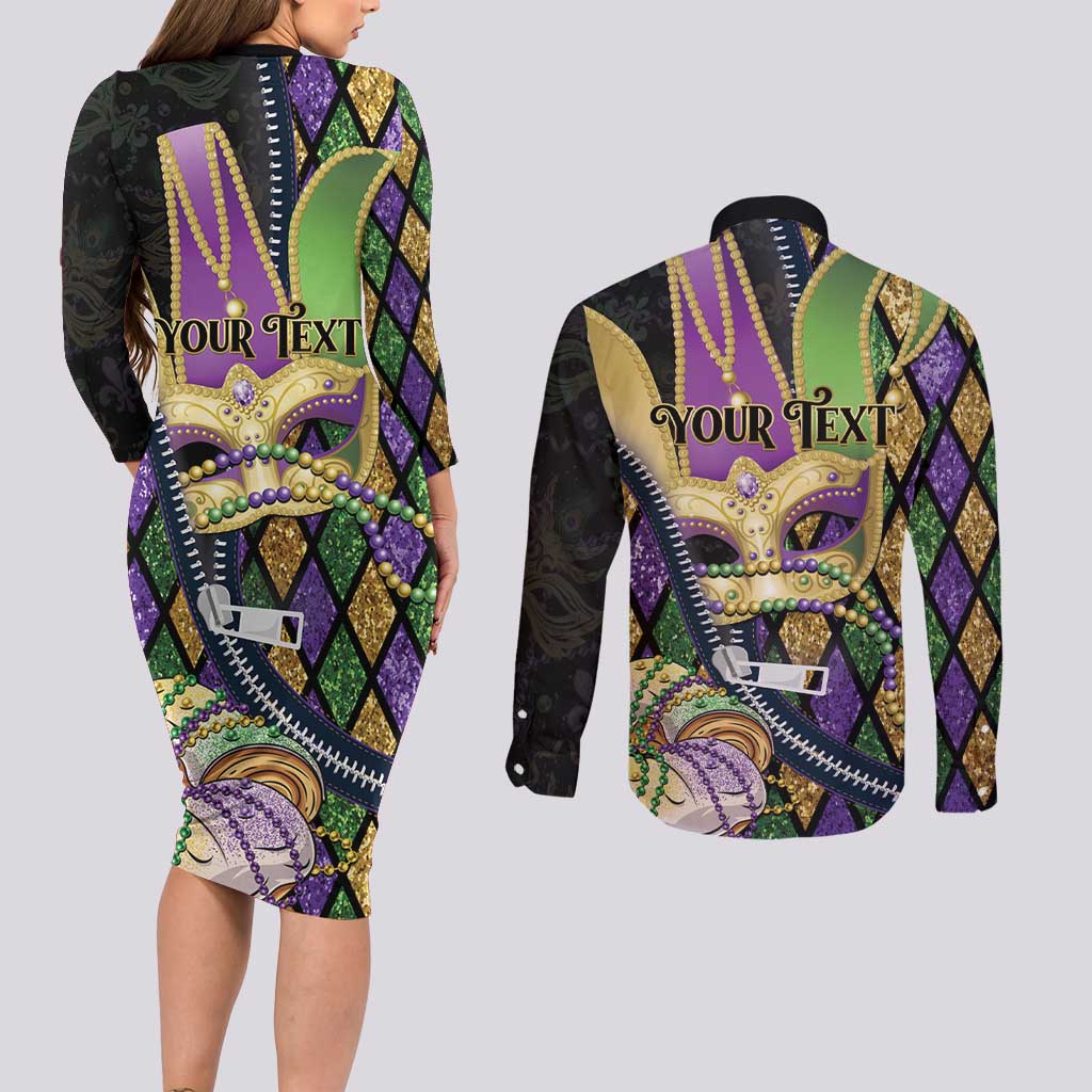 Personalized Mardi Gras Alligator Couples Matching Long Sleeve Bodycon Dress and Long Sleeve Button Shirt Colorful Zipper Stylized