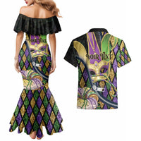 Personalized Mardi Gras Alligator Couples Matching Mermaid Dress and Hawaiian Shirt Colorful Zipper Stylized