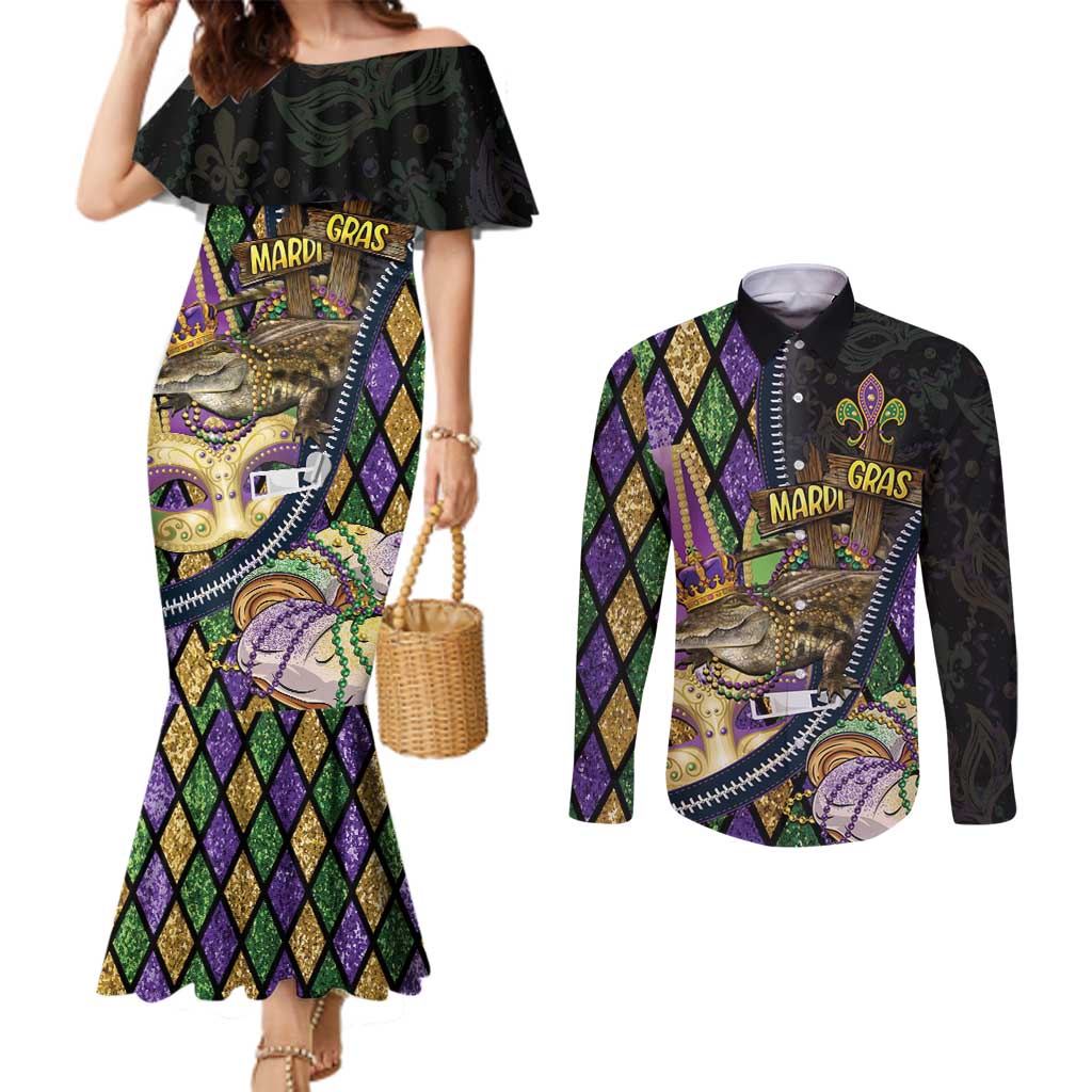 Personalized Mardi Gras Alligator Couples Matching Mermaid Dress and Long Sleeve Button Shirt Colorful Zipper Stylized